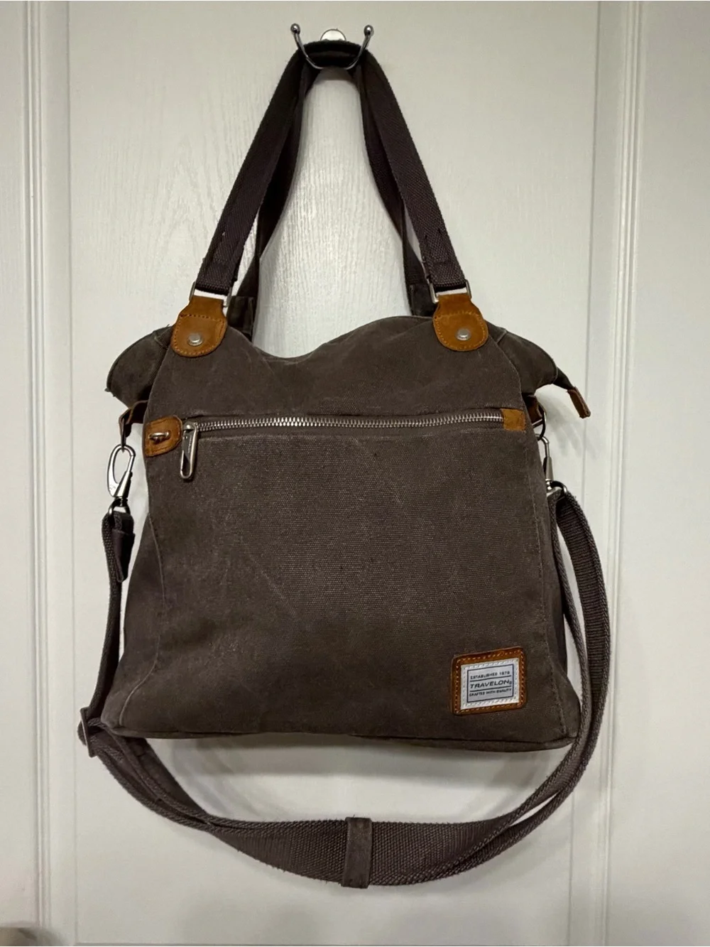 Travelon Pewter Canvas Tote with Leather Trim